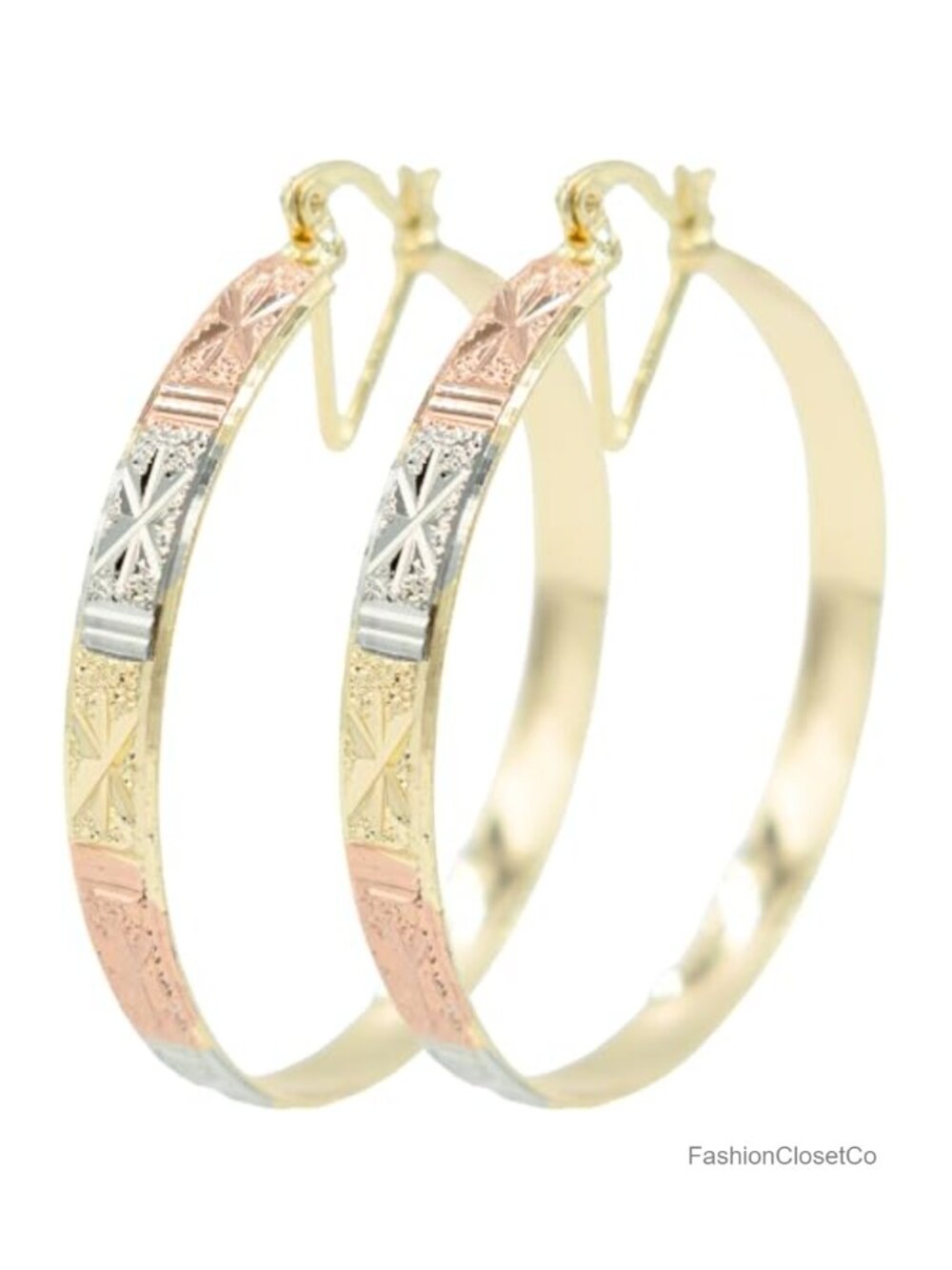 Tri Tone Hoop Earrings 18k Gold Filled Plating Art Deco Hinged
